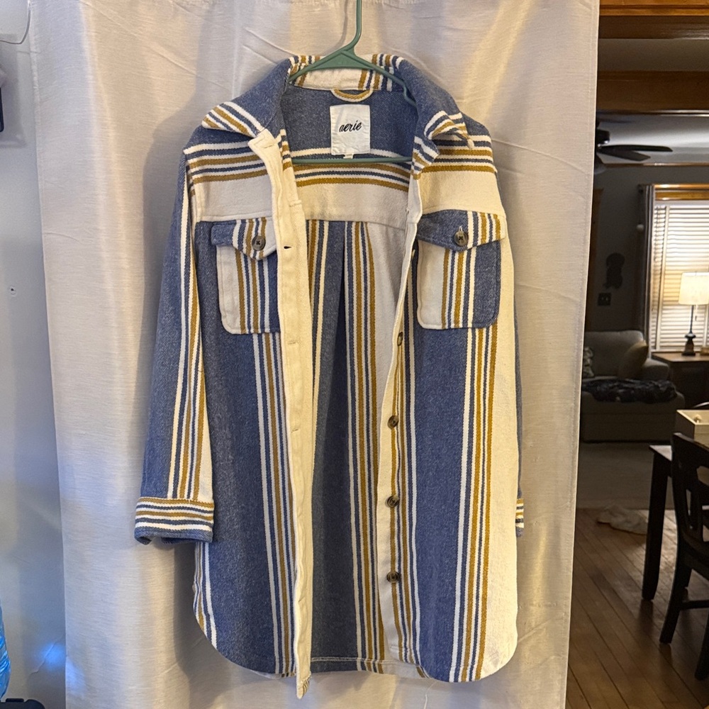 Aerie Striped Blue and Cream Button-Up Jacket